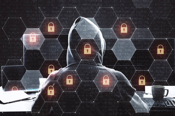Cyber attacco in corso con hacker back e icone di sicurezza digitale nelle celle.
. - Foto, immagini