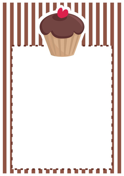 Retro restaurant menu, vector bruiloft card, lijst of baby shower uitnodiging met zoete chocolade cupcake op bruin vintage patroon of stipes textuur achtergrond met witte ruimte voor uw eigen SMS-bericht - Vector, afbeelding