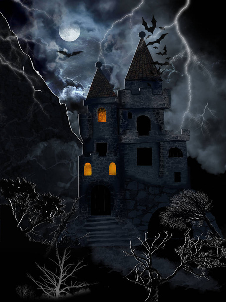 Castelo gótico, tempestade e morcegos
 - Foto, Imagem
