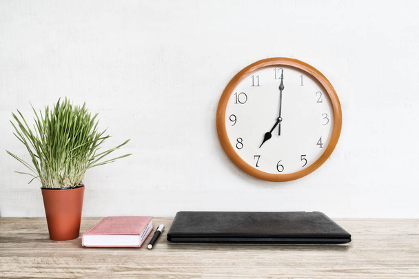 Wall clock, laptop, notebook and pen. Home workplace. Green houseplant on the table. White background. - Photo, Image