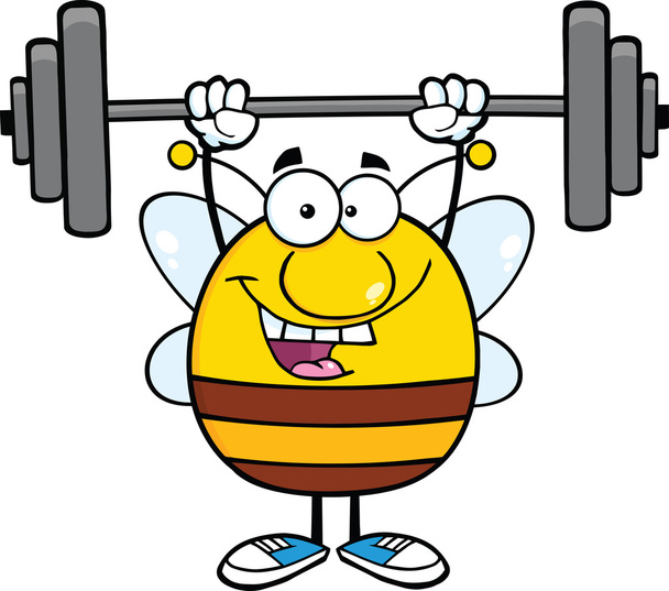 Pudgy Bee Cartoon Mascota Personaje Levantamiento de pesas
 - Foto, imagen