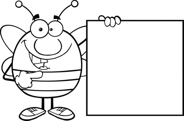 schwarz-weiße Pudgy Biene Cartoon-Figur, die ein leeres Zeichen zeigt - Foto, Bild