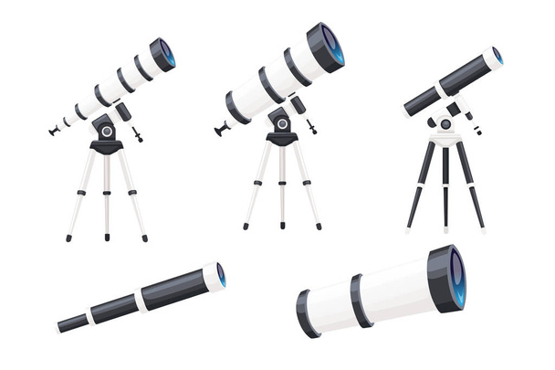スタンド付きの白い望遠鏡のセットと白の背景に隔離されたフラットベクトルイラストなし - ベクター画像