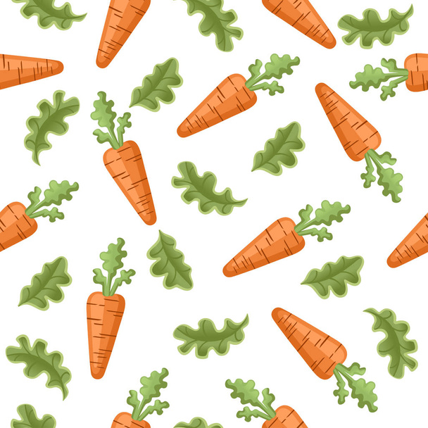 Orange Karotte natürlich mit grünen Blättern Salat nahtlose Muster flache Vektorillustration auf weißem Hintergrund - Vektor, Bild