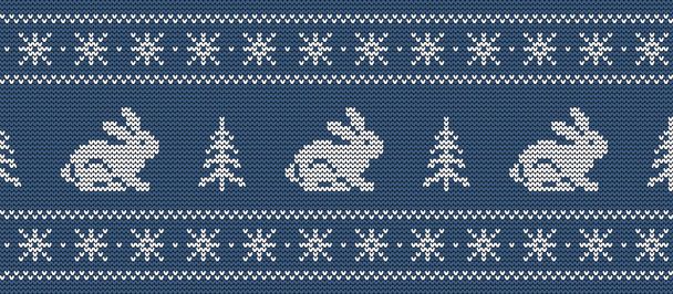 Weihnachtlicher Hintergrund. Strickmuster mit Hasen und Weihnachtsbäumen auf blauem Hintergrund. Ornament. nahtlose Grenze. Vektorillustration - Vektor, Bild