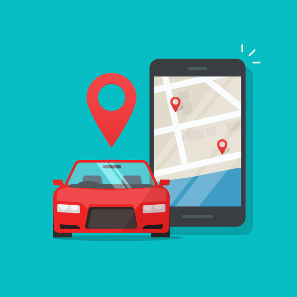 Urban transport as automobile vehicle sharing app on cellphone or mobile phone vector illustration, flat cartoon smartphone and city map and pin pointers with cars rent locations, internet taxi - Vetor, Imagem