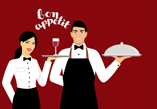 young smiling waitress in uniform holds a tray with a glass of wine. a young smiling waiter in uniform holds a tray - Vector, Image