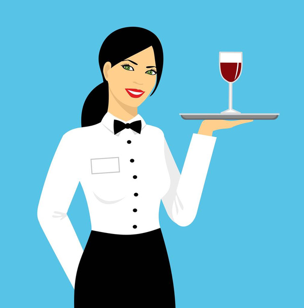 молодая улыбающаяся официантка в форме держит поднос с бокалом вина
 - Вектор,изображение