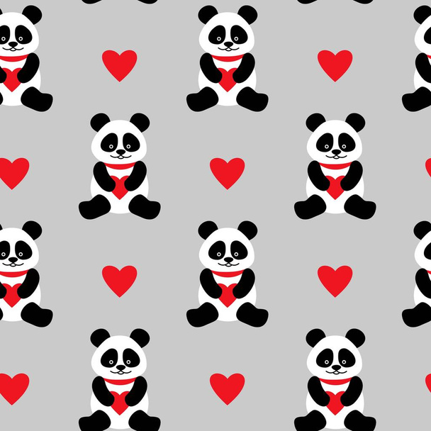Zökkenőmentes háttér aranyos pandák és szívek. zökkenőmentes panda medvék - Vektor, kép