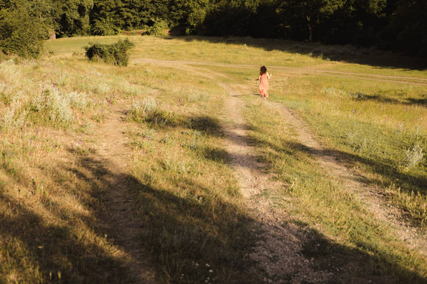 Beautiful young girl with dark curly hair in bright orange dress walks into the distance through forest or field at sunset. Romantic mood. Loneliness. - Fotoğraf, Görsel