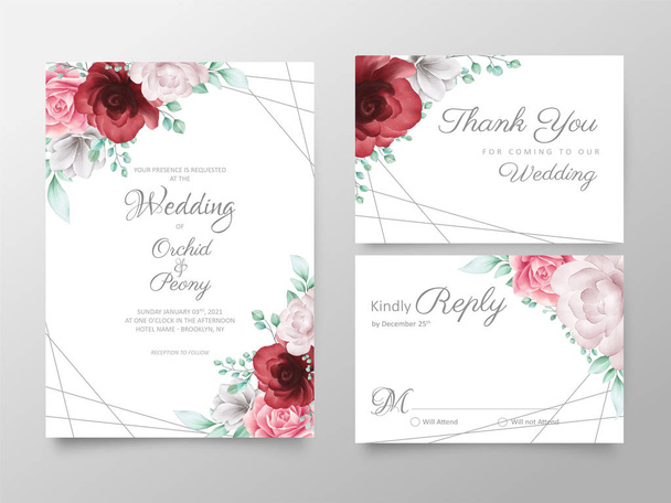 Κομψό floral γαμήλια προσκλήσεις γαμήλιες κάρτες σετ με χρυσή διακόσμηση. Επεξεργάσιμο αποθηκεύστε την ημερομηνία, την πρόσκληση ή χαιρετισμό, σας ευχαριστώ, κάρτες ευχετήρια σχεδίαση διανυσματικά - Διάνυσμα, εικόνα