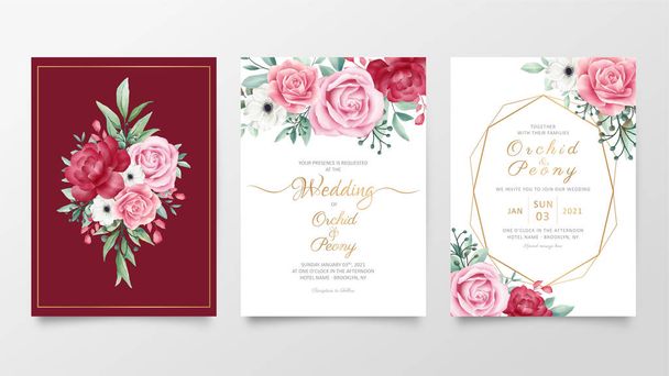 Set of wedding invitation cards template with watercolor floral decoration - Vector, Image