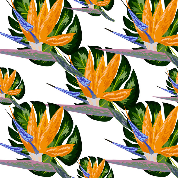 Strelitzia pattern. Tropical flower, blossom cluster seamless pattern. Beautiful background with tropical flowers and palm leaves, plant and leaf. - ベクター画像