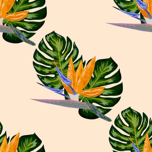 Royal Strelitzia. Tropical flowers, bird of paradise flower. Beautiful seamless floral jungle pattern background, exotic print - Vektori, kuva