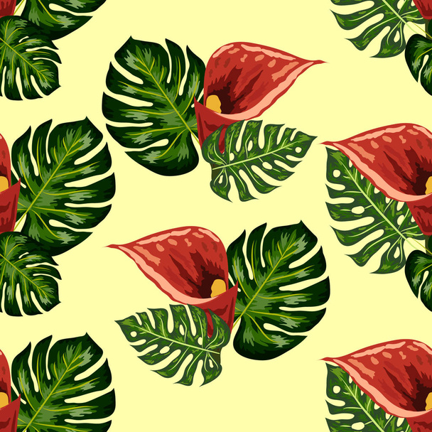 Varratmentes mintázat trópusi levelekkel és a Callas liliomokkal. Trópusi illusztráció. Dzsungel lombozat. - Vektor, kép
