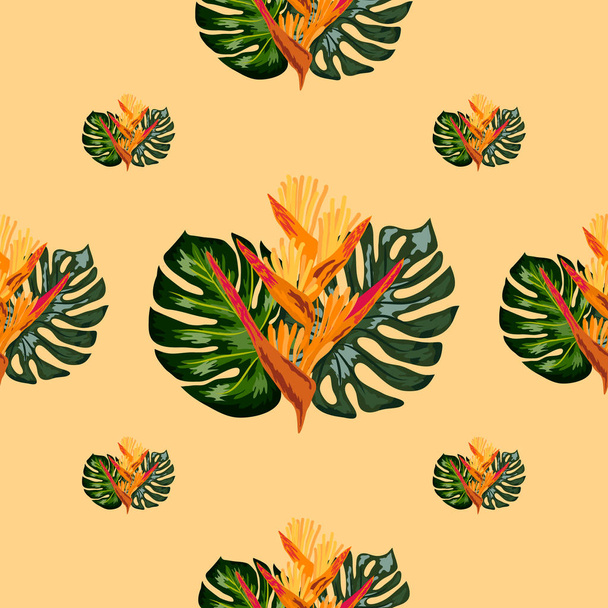 Безшовний візерунок квітів Геліконії або лобстерів і тропічного листя фону
 - Вектор, зображення