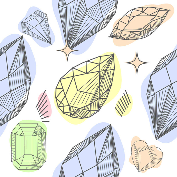 Бесшовный рисунок с бриллиантами, джемами, камнями и абстрактными формами. Современный дизайн хипстеров с минералами и кристаллами
. - Вектор,изображение