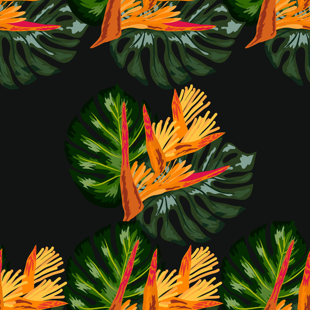 Patrón sin costuras de flores de Heliconia o garras de langosta y fondo de hoja tropical
 - Vector, Imagen