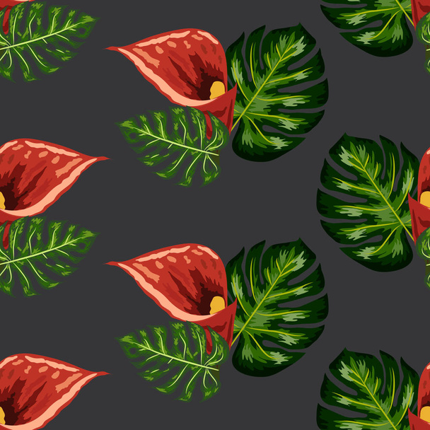 Bezszwowe wzór z czerwonym lesie dzikie kwiaty Calla i liści. do tapet, tekstyliów i scrapbooking - Wektor, obraz