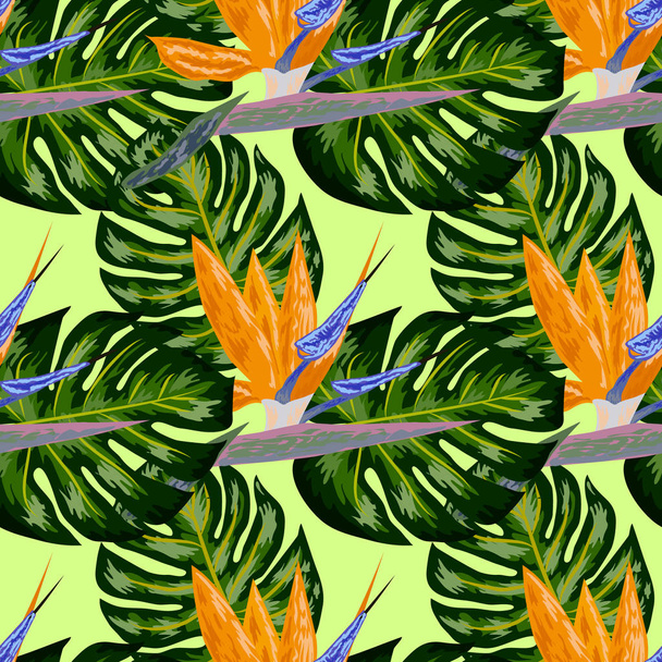 Королевская Стрелиця. Тропические цветы, райская птица. Красивая бесшовная цветочная картина джунглей фон, экзотическая печать
 - Вектор,изображение