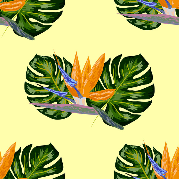 Strelitzia. Fleur tropicale, motif sans couture en grappe de fleurs. Beau fond avec des fleurs tropicales et des feuilles de palmier, plante et feuille
. - Vecteur, image