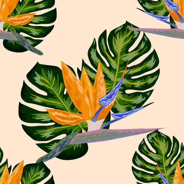 Királyi Strelitzia. Trópusi virágok, paradicsommadár virág. Gyönyörű varrat nélküli dzsungel mintás háttér, egzotikus nyomtatás - Vektor, kép