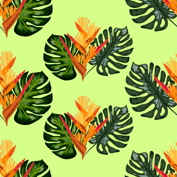 Καλοκαίρι ζούγκλα μοτίβο με τροπικά άνθη χελωπία ή αστακό-νύχι φόντου. - Διάνυσμα, εικόνα