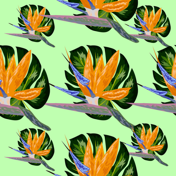 Modello di Strelitzia. Fiore tropicale, fiore a grappolo senza soluzione di continuità. Bello sfondo con fiori tropicali e foglie di palma, piante e foglie
. - Vettoriali, immagini