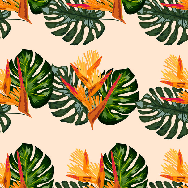 Imprima plantas tropicais exóticas e palmeiras, folha de banana com flor de garras de lagosta, strelitzia
 - Vetor, Imagem