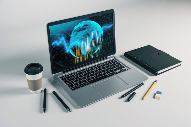 Laptop closeup with forex graph and world map on computer screen. Financial trading and education concept. 3d rendering. - Foto, immagini