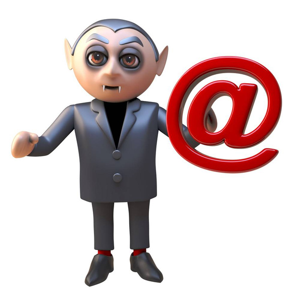Funny cartoon 3d vampire dracula monster character holding an email address symbol, 3d illustration - Vector, Image