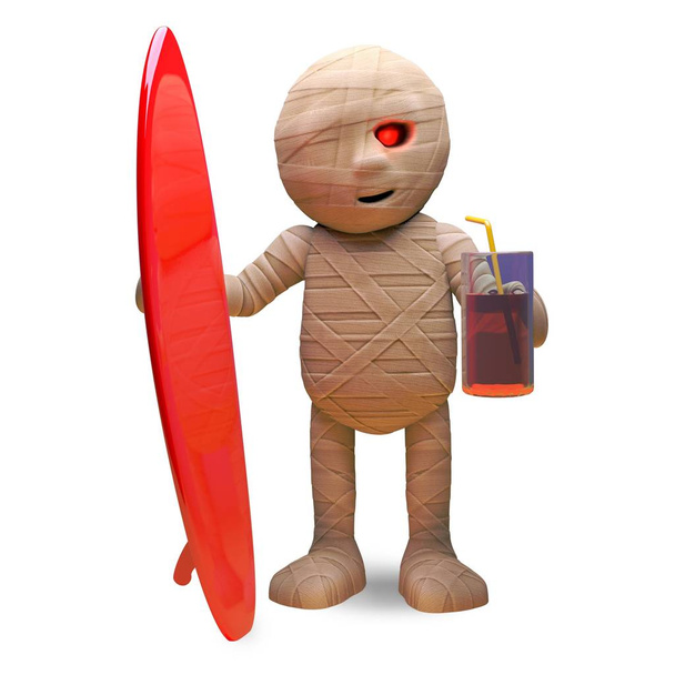 Cool Egyptian mummy has joined the surfers with his surfboard, 3d illustration - Vector, Image