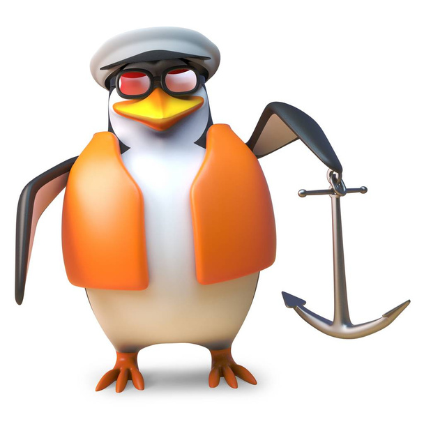 Nautical sailor penguin in life jacket and sailors cap holding an anchor, 3d illustration - Vector, Image