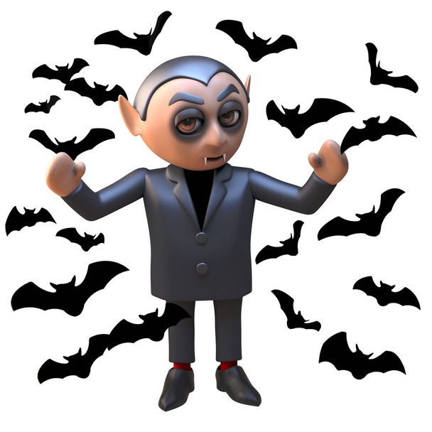 Drákulový upír Halloween horor, obklopený netopýry, 3D ilustrace - Vektor, obrázek