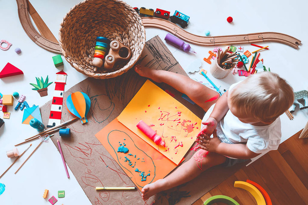 Kids draw and make crafts. Kindergarten or preschool background. - Foto, Bild