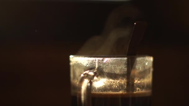 Close-up shot van de kop thee met lepel en stoom in slow motion. - Video