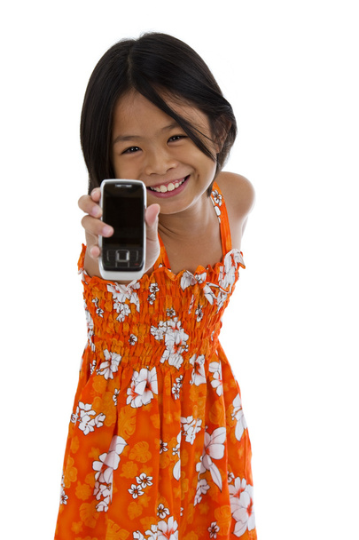 Söpö tyttö osoittaa hänen matkapuhelin
 - Valokuva, kuva