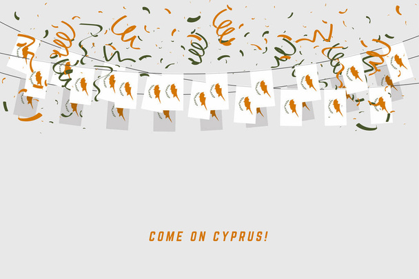 Bandera de Chipre con confeti sobre fondo blanco, pancarta de la plantilla de celebración de Hang bunting for Cyprus
. - Vector, imagen