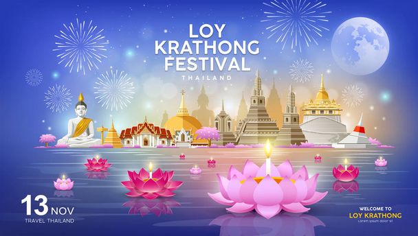 Witamy na festiwalu Loy Krathong w budynku i Landmark Tajlandia banery na niebieskim tle, wektor ilustracji - Wektor, obraz