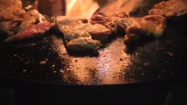 opékaný maso na otevřeném plamenovém sporáku - Záběry, video