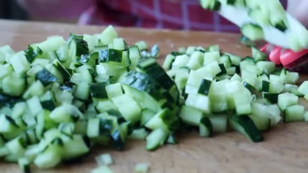 Chef femmina Clices cetriolo maturo verde Preparazione insalata di verdure
 - Filmati, video