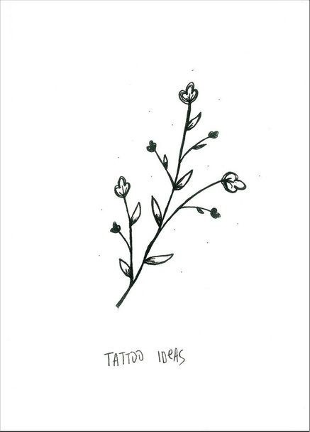 Desenho de tatuagem de um ramo com botões de flores e folhas, decorado com pontos. Ideias inspiradoras para cartões, estampas, cartazes. Design moderno da moda, estilo mínimo
. - Foto, Imagem