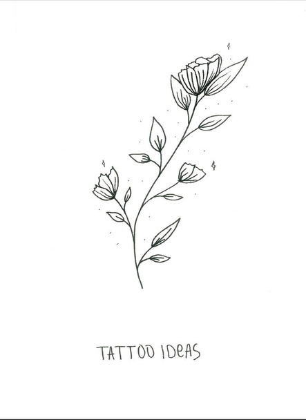 Esbozo de tatuaje con rama floral, decorado con puntos y pequeñas estrellas. Ideas inspiradoras para tarjetas, grabados, carteles. Diseño moderno y moderno, estilo minimalista
. - Foto, imagen
