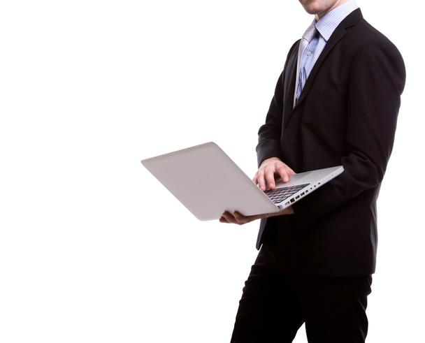 Portrait of young business man with laptop against white backgro - Valokuva, kuva