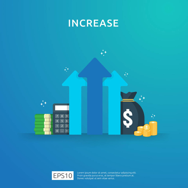 income salary rate increase. Finance performance of return on investment ROI concept with arrow. business profit growth margin revenue. cost sale icon. dollar symbol flat style vector illustration - Vector, Image