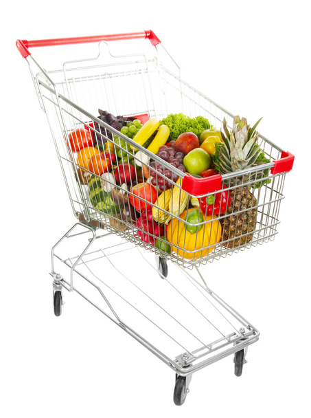 Different fruits and vegetables in trolley isolated on white - Fotoğraf, Görsel