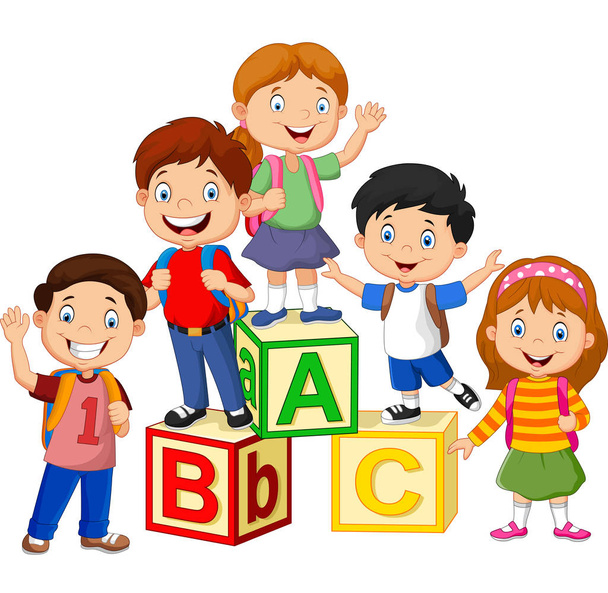 Векторная иллюстрация счастливых школьников с алфавитными блоками
 - Вектор,изображение