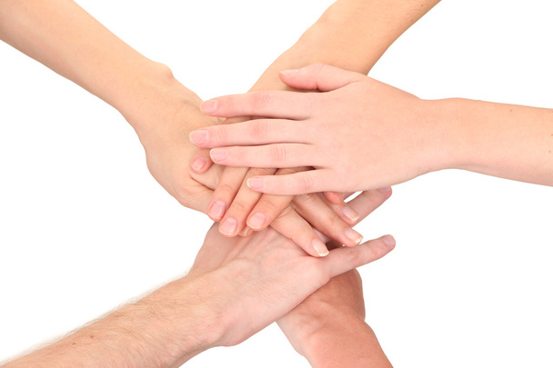 United hands isolated on white Conceptual photo of teamwork - Fotoğraf, Görsel