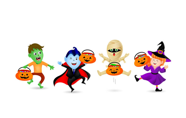 Cute Halloween cartoon character design. Count dracula, witch, mummy and zombie. Illustration isolated on white background. Design for poster, banner and greeting card. - Vector, Image