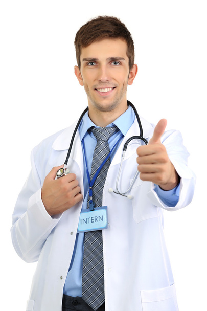 Портрет молодого медицинского стажера, изолированного на белом
 - Фото, изображение